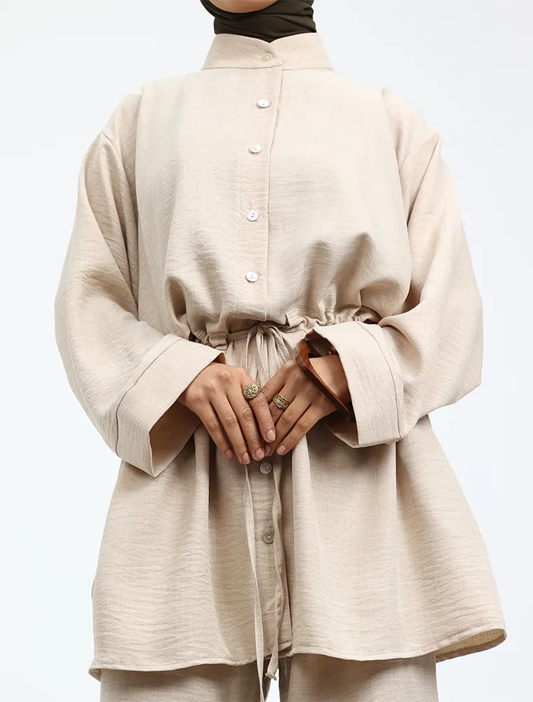 Beige Linen Feel Drawstring Co Ord Set
